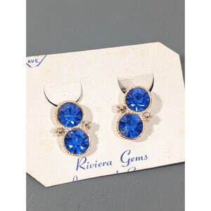 Vintage Riviera Gems Clip On Earrings Blue Rhinestone Round Linear Stacked